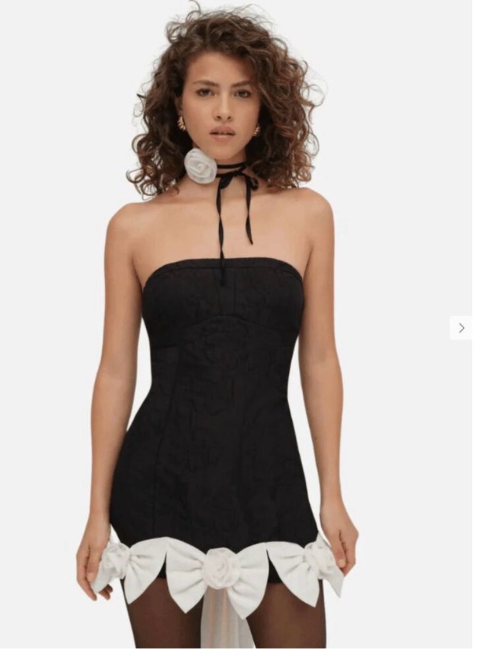 For Love & Lemons Black Strapless Mini Dress with White Bow Trim